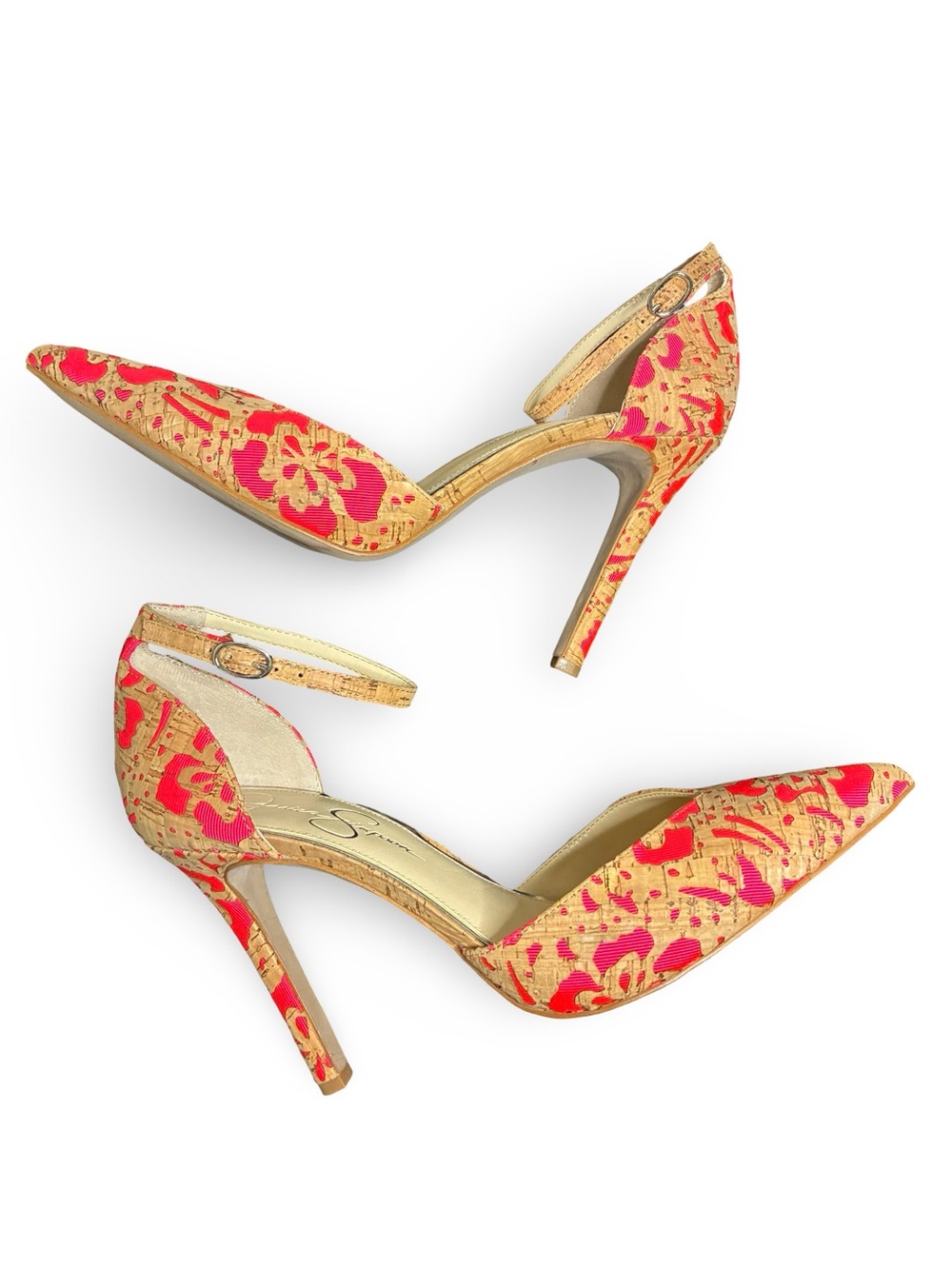 Jessica Simpson Pink and Gold Floral Pointed-Toe Ankle-Strap Heels